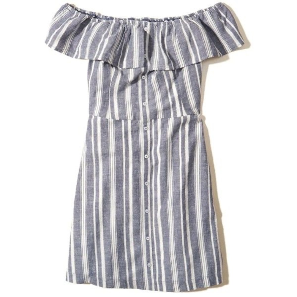 Hollister Ruffle Off Shoulder / Strapless Linen Blend Striped Mini Dress